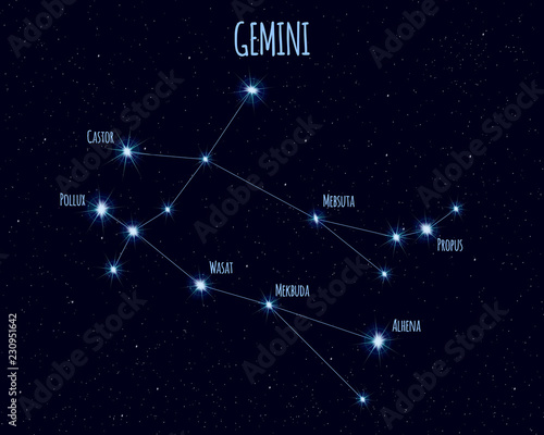Gemini (The Twins) constellation, vector illustration with the names of basic stars against the starry sky
