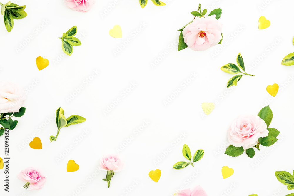 Valentines day frame composition with pink roses, leaves and golden confetti on white background. Flat lay, top view. Valentines day frame composition with pink roses, leaves and golden confetti on white background. Flat lay, top view.