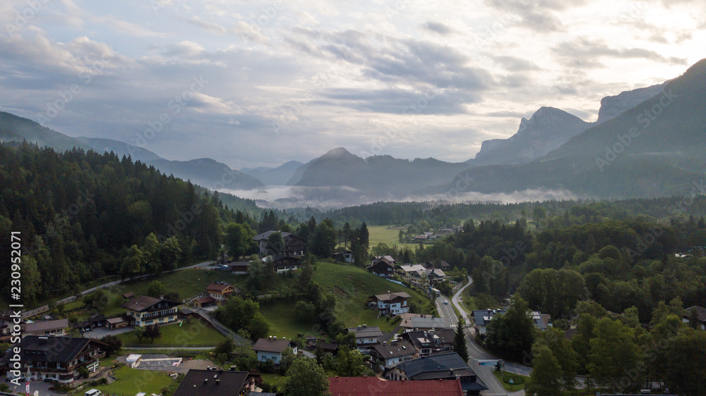 Aerial view of a village in the alpine mountains, Lofer, Austria