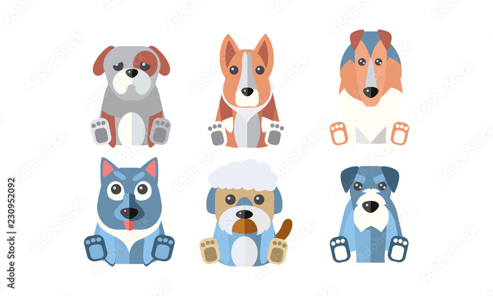 Dogs of different breeds set, cute cartoon animals pets vector Illustration on a white background