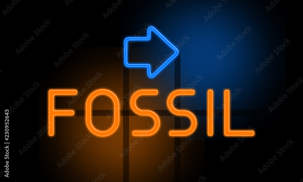 Fossil - orange glowing text with an arrow on dark background Fossil - orange glowing text with an arrow on dark background