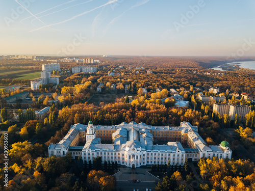 Aerial view of Voronezh in autumn evening from height of drone flight