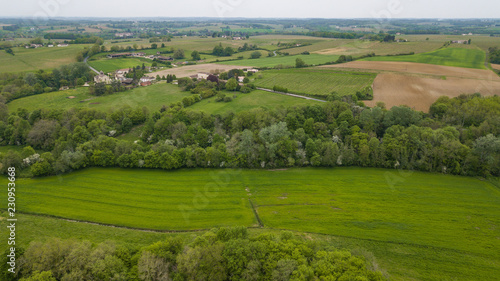 Aerial view of campaign landscape in the French countryside, Rimons, Gironde