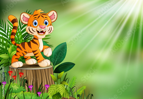 Fototapeta Naklejka Na Ścianę i Meble -  Cartoon of tiger on tree stump with green leaves and flowering plant