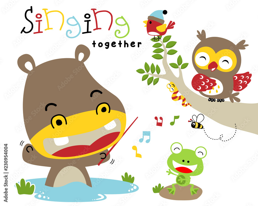 Obraz premium Vector illustration with animals cartoon singing together. Eps 10
