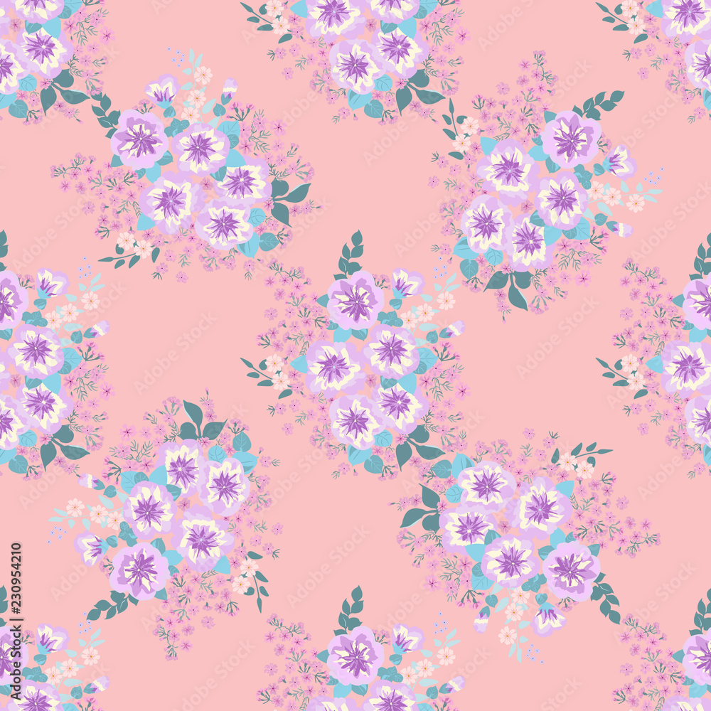 Delightful seamless pattern with small flowers of cute petunias. Regular order. Country style millefleurs. Floral background for home textiles, interiors, linens.