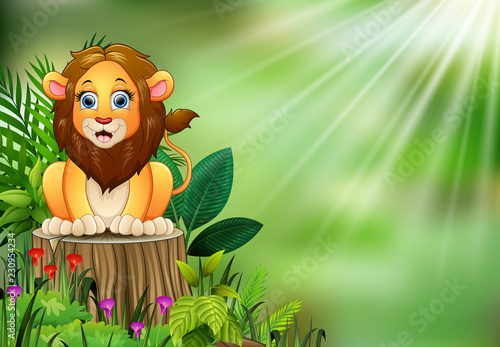 Fototapeta Naklejka Na Ścianę i Meble -  Happy cartoon lion sitting on tree stump with green plants