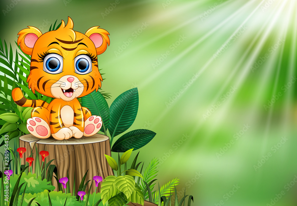 Naklejka premium Cartoon of baby tiger sitting on tree stump with green plants
