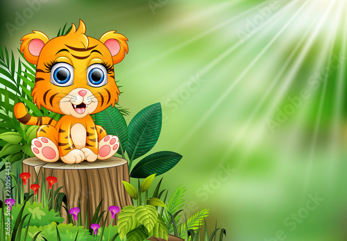 Fototapeta Naklejka Na Ścianę i Meble -  Cartoon of baby tiger sitting on tree stump with green plants