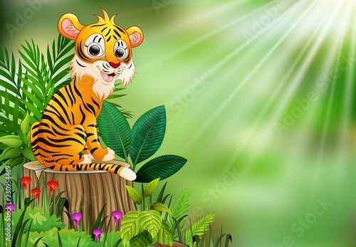 Cartoon happy tiger sitting on tree stump with green plants