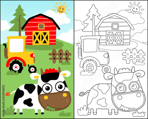 coloring book or page with cute cow cartoon in the farm field