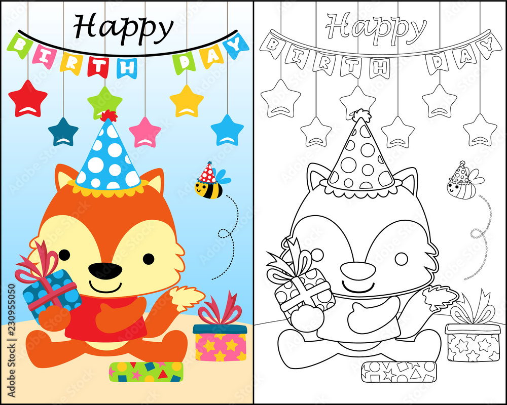 coloring book with funny fox cartoon in birthday party Stock Vector | Adobe Stock