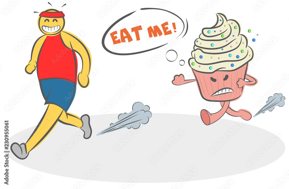 Funny Cartoon evil cake running after the runner and asks him to eat himself. Concept of motivation, diet, sport, fitness, willpower, running, eat me, unhealthy food. Doodle vector illustration. Logo. Funny Cartoon evil cake running after the runner and asks him to eat himself. Concept of motivation, diet, sport, fitness, willpower, running, eat me, unhealthy food. Doodle vector illustration. Logo.
