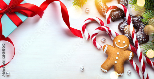 Christmas banner background; holidays gift, Christmas tree decoration and copy space for your text