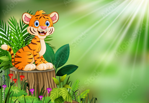 Cartoon happy tiger sitting on tree stump with green plants