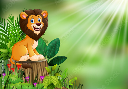 Fototapeta Naklejka Na Ścianę i Meble -  Happy cartoon lion sitting on tree stump with green plants