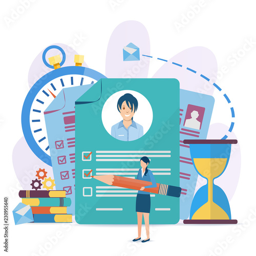 Vector illustration in a flat style. Document with personal data, application for employment, professional resume. Business concept for employment, career choice, job seeker
