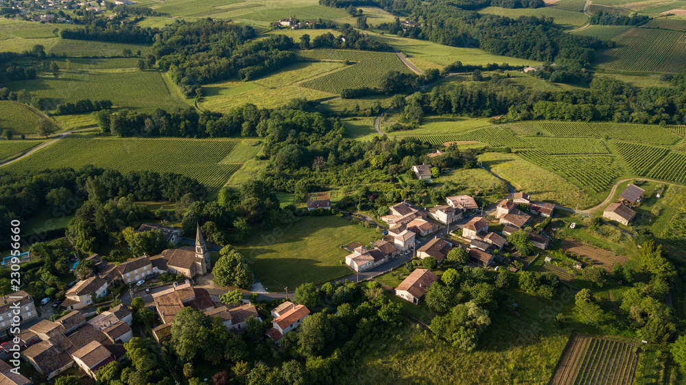 Aerial view of campaign landscape in the French countryside, Rimons, Gironde