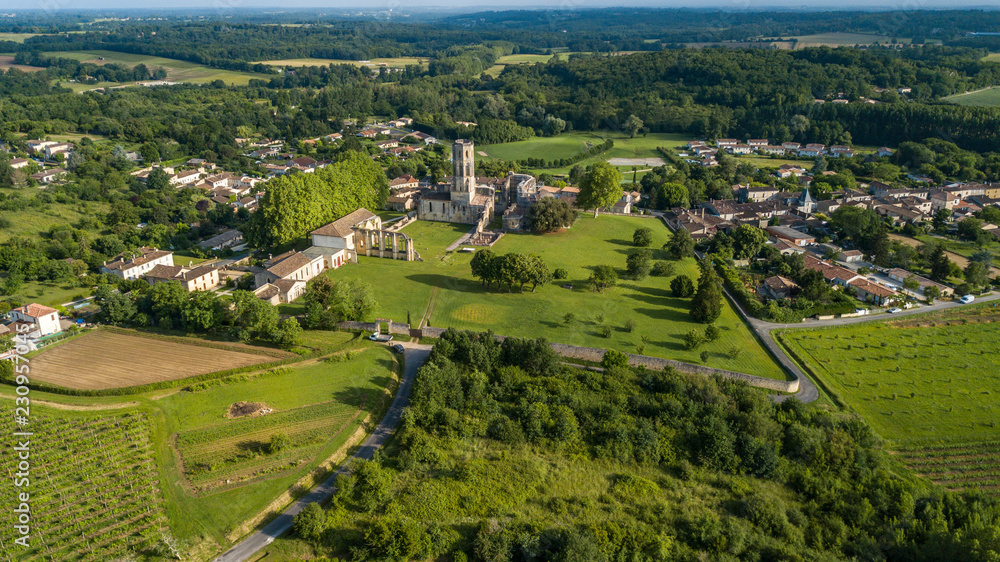 Aerial view Abbey de la Sauve-Majeure, Route to Santiago de Compostela, France, UNESCO