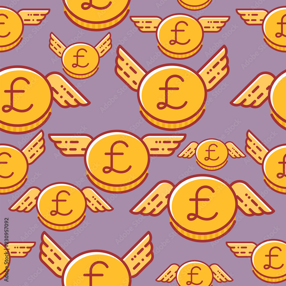 British pound coins with wings, seamless vector pattern, british currency British pound coins with wings, seamless vector pattern, british currency