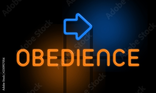 Obedience - orange glowing text with an arrow on dark background