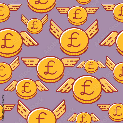 British pound coins with wings, seamless vector pattern, british currency