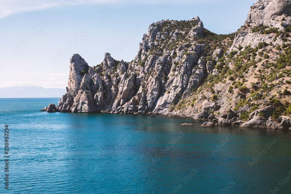 Mountain sea bay rocks panoramic landscape