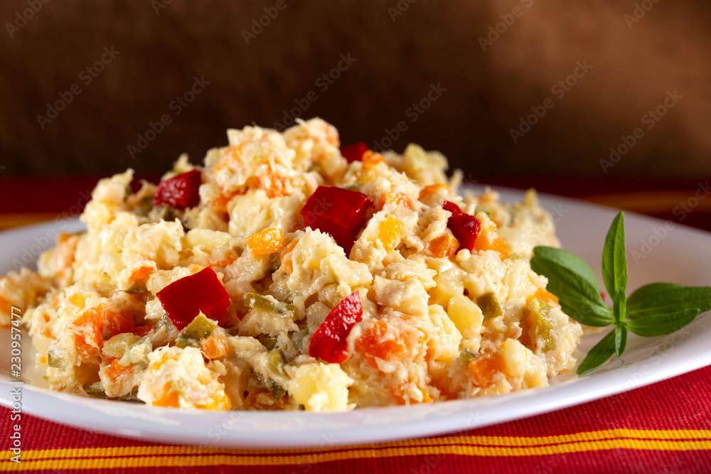 Boeuf salad with vegetables, mayonnaise and egg Boeuf salad with vegetables, mayonnaise and egg