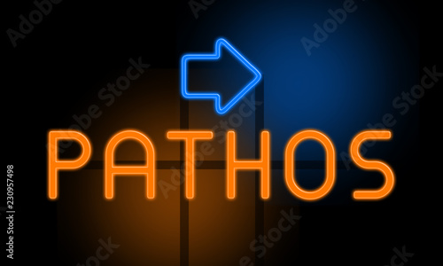 Fotografia Pathos - orange glowing text with an arrow on dark background