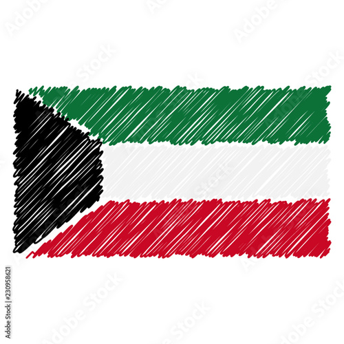 Hand Drawn National Flag Of Kuwait Isolated On A White Background. Vector Sketch Style Illustration. Unique Pattern Design For Brochures, Printed Materials, Logos, Independence Day