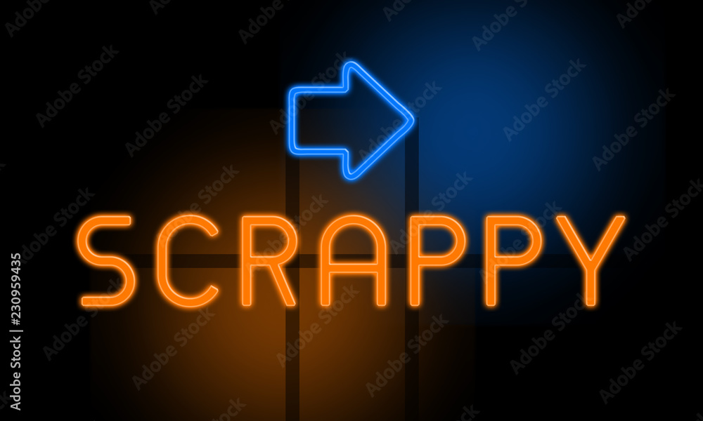 Scrappy - orange glowing text with an arrow on dark background