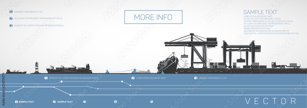 Obraz premium Container ship on the dock, gantry and loaders cranes, vector infographics.