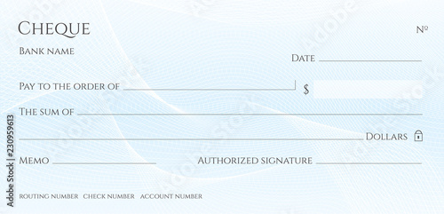 Check, Cheque (Chequebook template). Guilloche pattern with abstract line watermark. Background hi detailed for banknote, money design, currency, bank note, Voucher, Gift certificate, Money coupon