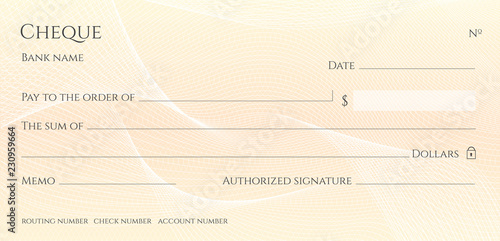 Check, Cheque (Chequebook template). Guilloche pattern with abstract line watermark. Background hi detailed for banknote, money design, currency, bank note, Voucher, Gift certificate, Money coupon