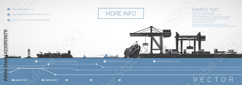 Container ship on the dock, gantry and loaders cranes, vector infographics.