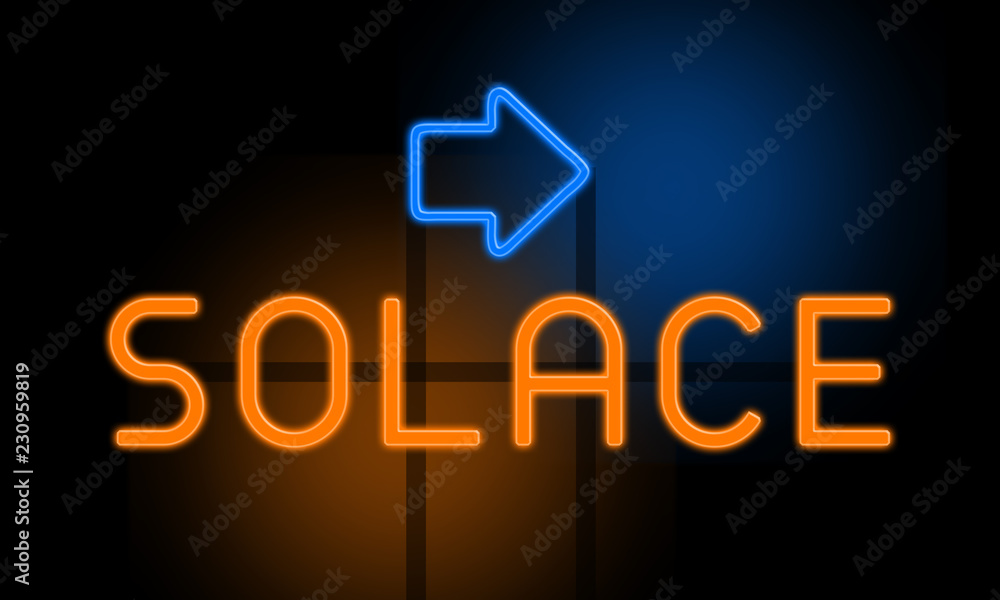 Fototapeta premium Solace - orange glowing text with an arrow on dark background