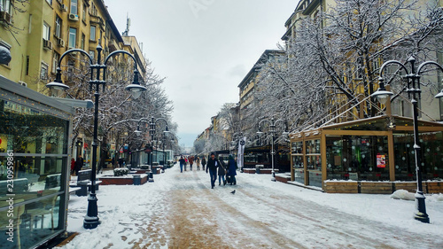 Sofia, Bulgaria - January 22, 2018: Sofia pedestrian walking street covered with snow
