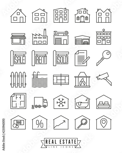 Real estate business vector line icons collection