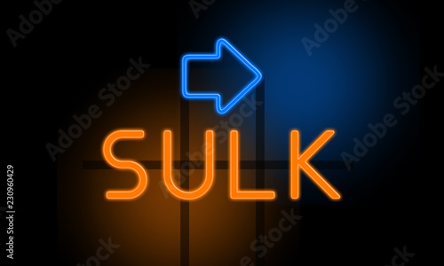 Fotografia Sulk - orange glowing text with an arrow on dark background