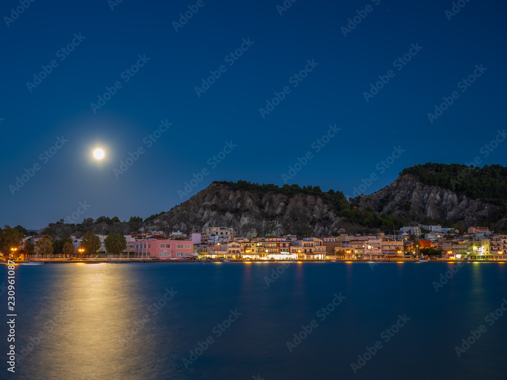 Full moon over in Zante town harbor, Zakinthos