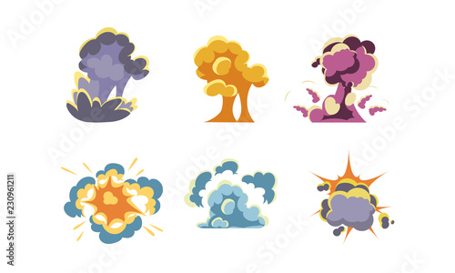 Explosions set, special effects elements vector Illustration on a white background