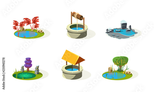 Lake, pond, well, fantasy elements of landscape set, user interface assets for mobile app or video game vector Illustration on a white background