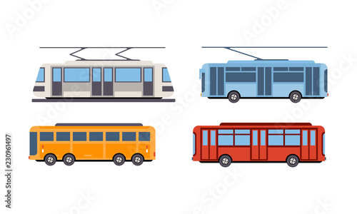 Trolley bus, tram, bus, public city transportation vehicles set vector Illustration on a white background