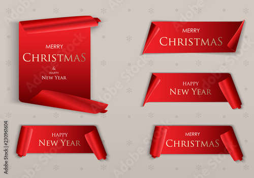 Merry Christmas realistic red paper banners. Banner with a congratulation. Merry christmas on a red scroll. Vector illustration EPS10