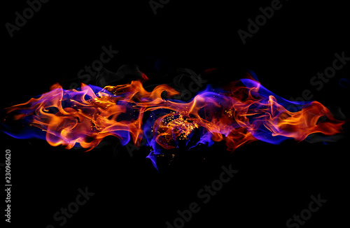 Red and blue fire flames on black background