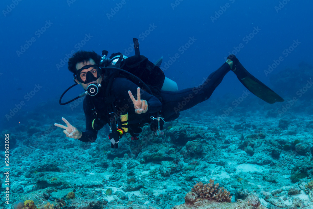 SCUBA diver on a tropical coral reef SCUBA diver on a tropical coral reef