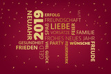 Goldene Karte mit Silvester Neujahr-Wünschen für 2019