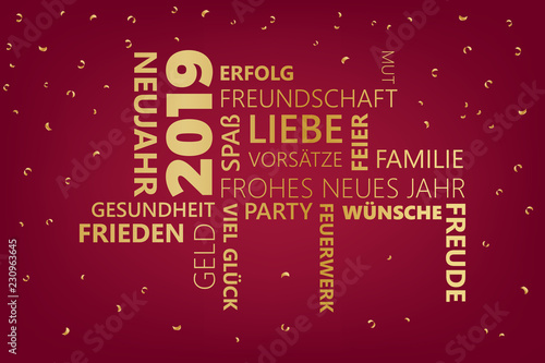 Goldene Karte mit Silvester Neujahr-Wünschen für 2019