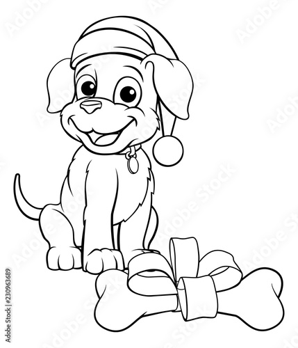 A pet dog in a Christmas Santa Claus hat cute cartoon character with its bone gift outline black and white coloring illustration