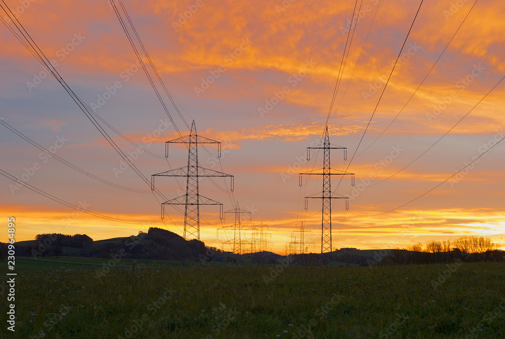 Electric Power Pylons in Beautiful Morning Light